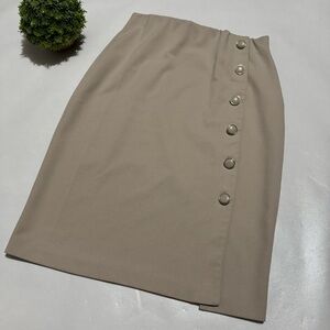 NYCC Tan Khaki Button Front Elastic Pull On‎ Stretch Pencil Skirt Modest Small